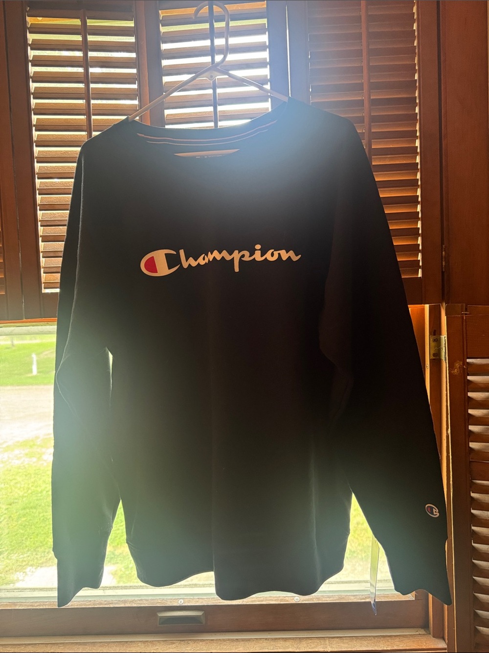 Champion Black Crewneck with White Logo and Red Accent